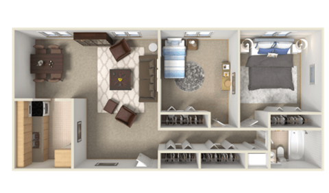 a spacious two bedroom apartment with two bathrooms and plenty of closet space